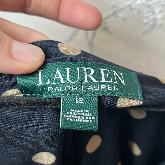 Lauren Ralph Lauren Polka Dot Midi Dress Ruched Wrap Style Navy Size 12 - Picture 7 of 11